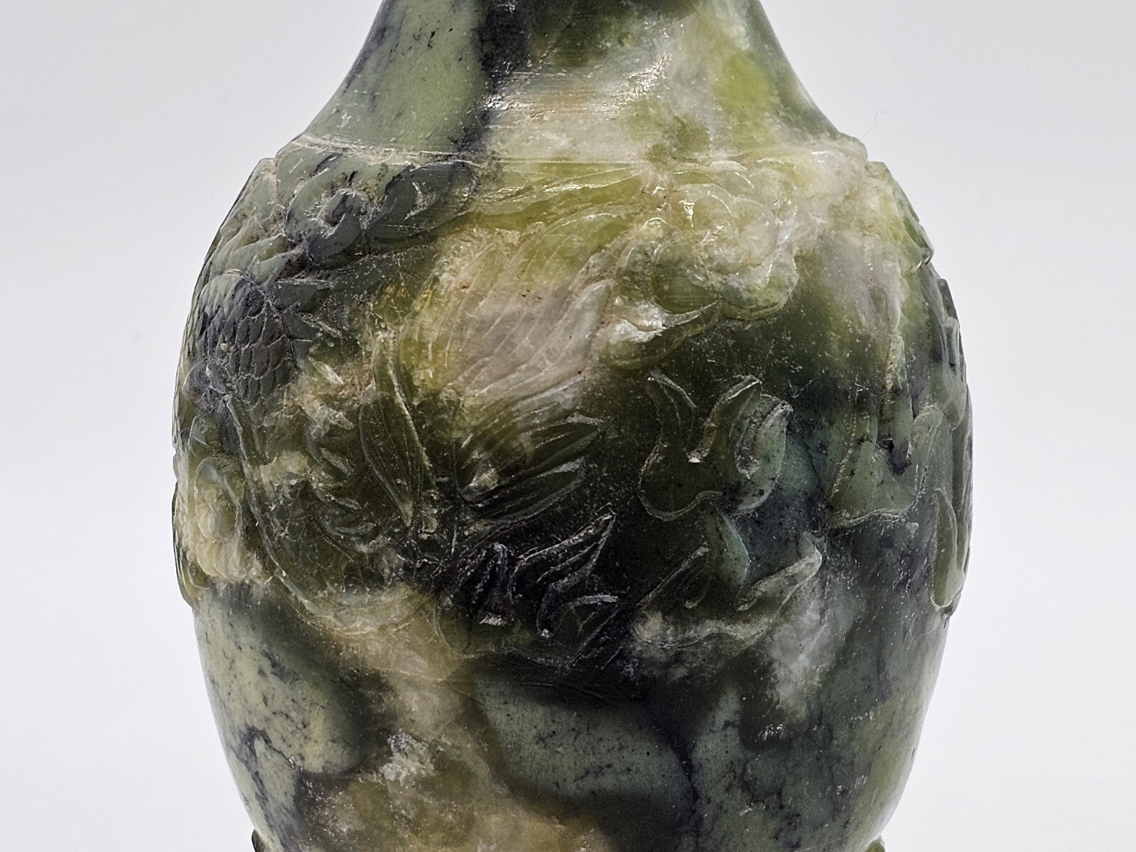 Vtg Chinese Green Jade Like Soapstone Vase With Dragon & Original Tag 6" Tall