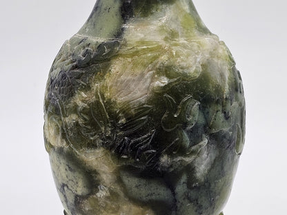 Vtg Chinese Green Jade Like Soapstone Vase With Dragon & Original Tag 6" Tall