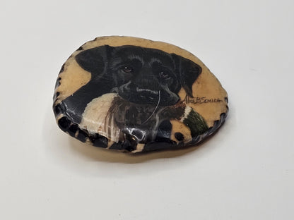 Vtg Alice Semich Elk Antler Belt Buckle W  Hand Painted Black Lab Holding A Duck