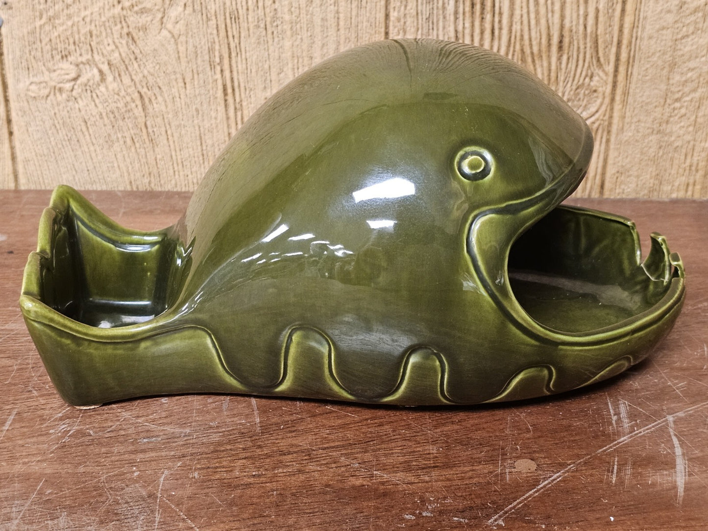 Vtg MCM California Pottery Large 13 Inch Green Fish Whale Decor Marked Repaired 