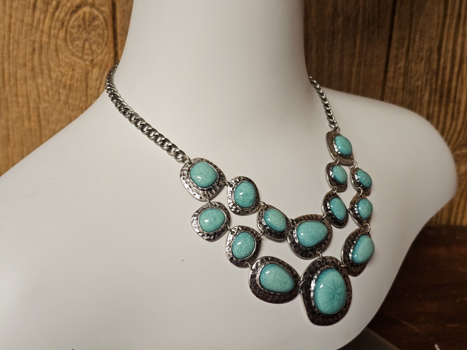 Silver Tone Faux Turquoise Choker Statement Necklace Native American Style