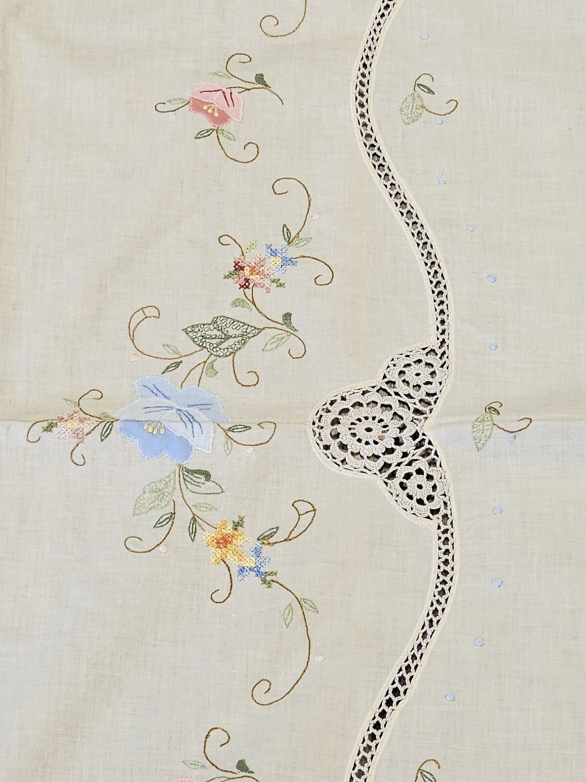 Vintage Handmade Linen Needlepoint Floral Table Cloth Cross Stitched 80" X 64"