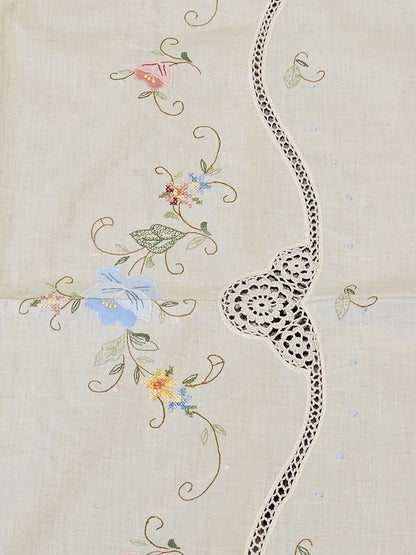 Vintage Handmade Linen Needlepoint Floral Table Cloth Cross Stitched 80" X 64"