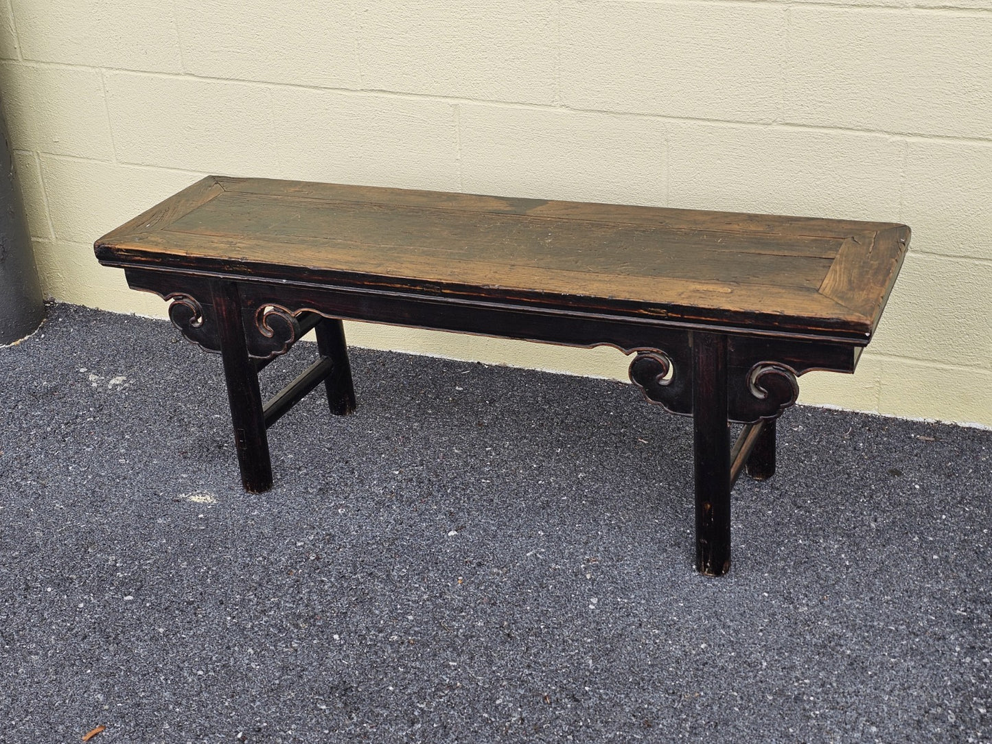 19th Century Antique Chinese Elm Wood Carved Short Table Bench Tongue & Groove