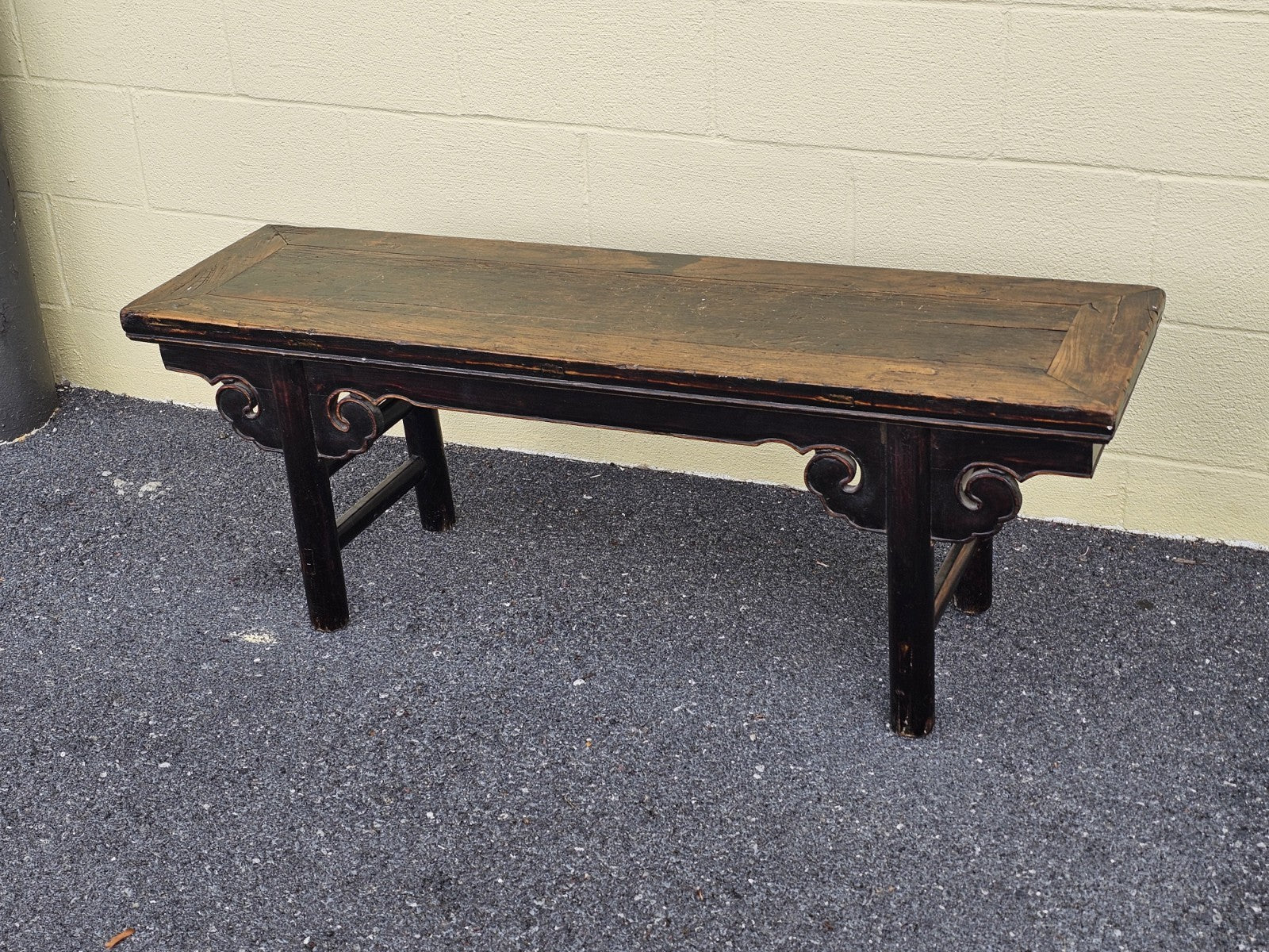 19th Century Antique Chinese Elm Wood Carved Short Table Bench Tongue & Groove