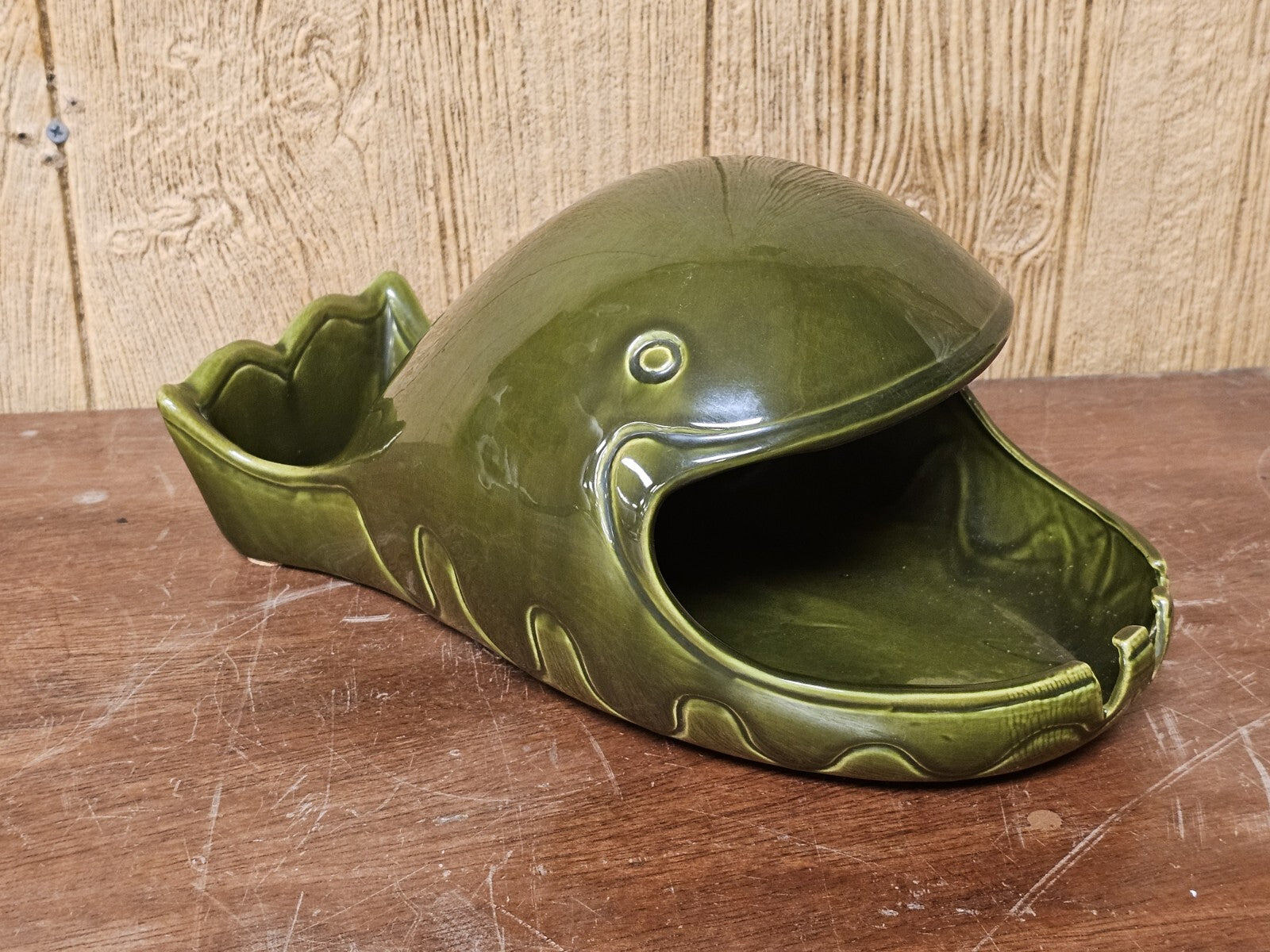 Vtg MCM California Pottery Large 13 Inch Green Fish Whale Decor Marked Repaired 