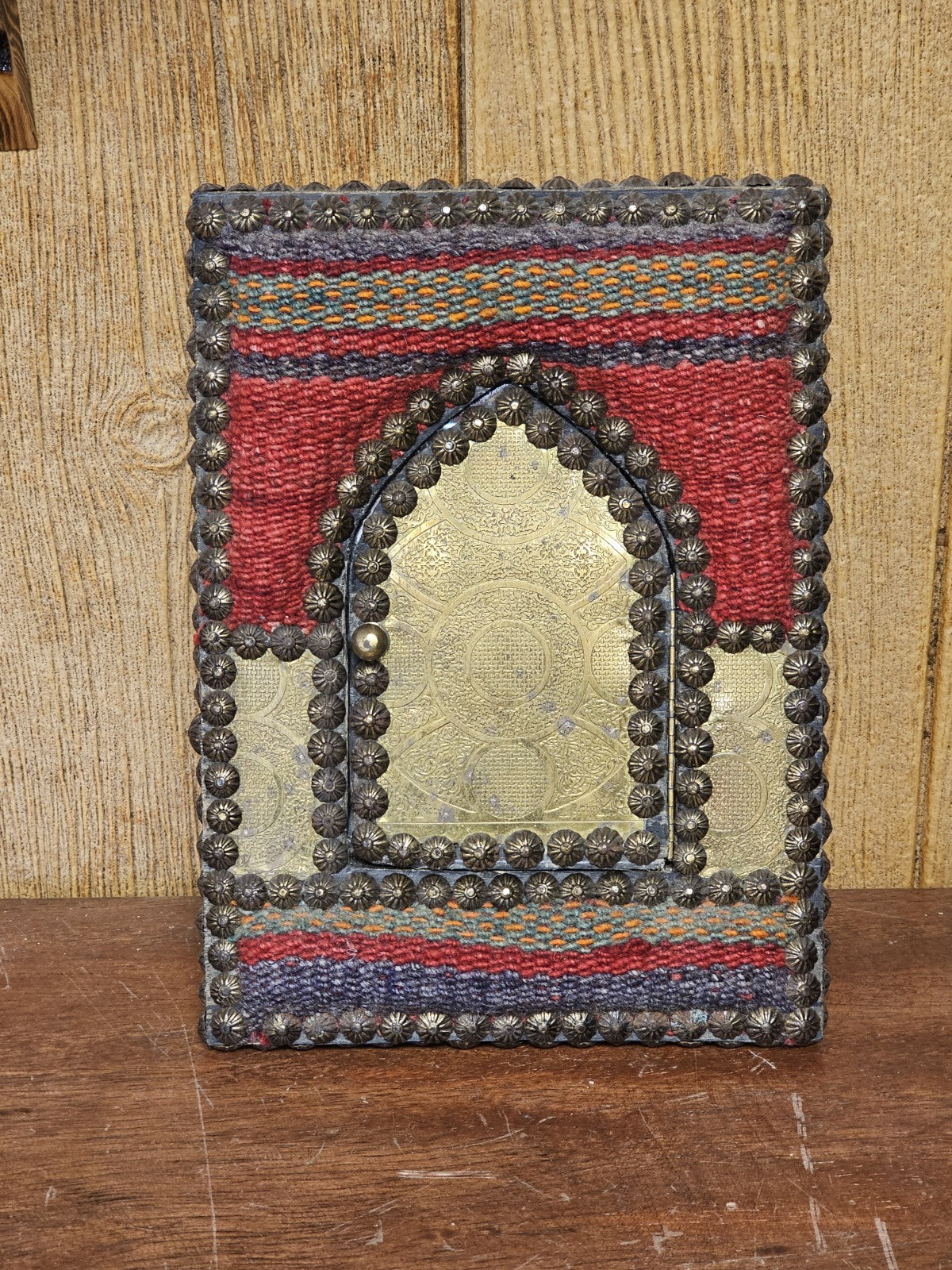Vtg Indian Handmade Hand Stitched Jharokha Brass Wood Fabric Wall Mirror 