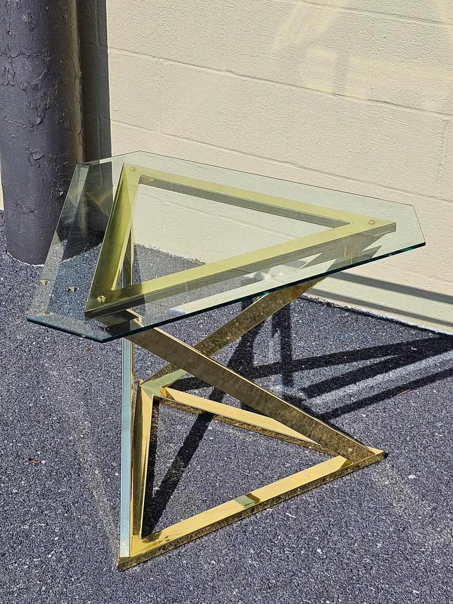 MCM Abstract Triangular Brass Base w Glass Top Accent End Tables