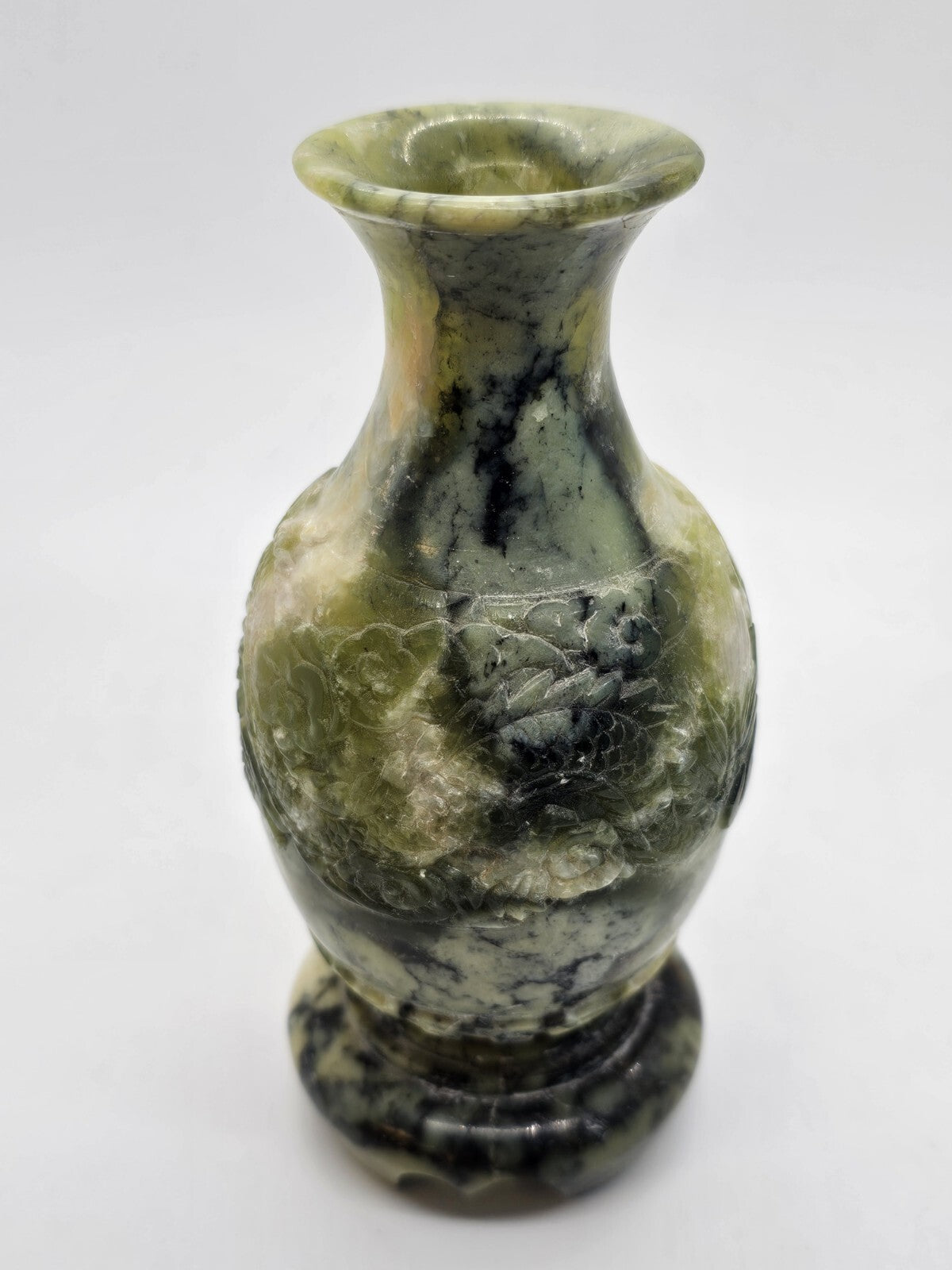 Vtg Chinese Green Jade Like Soapstone Vase With Dragon & Original Tag 6" Tall