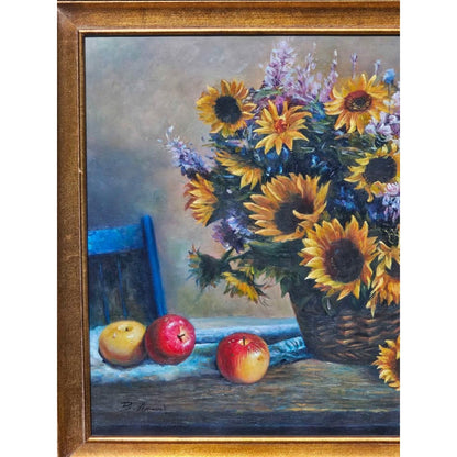 Original Still Life Painting Oil Painting of Sunflowers & Fruit w Ornate Frame