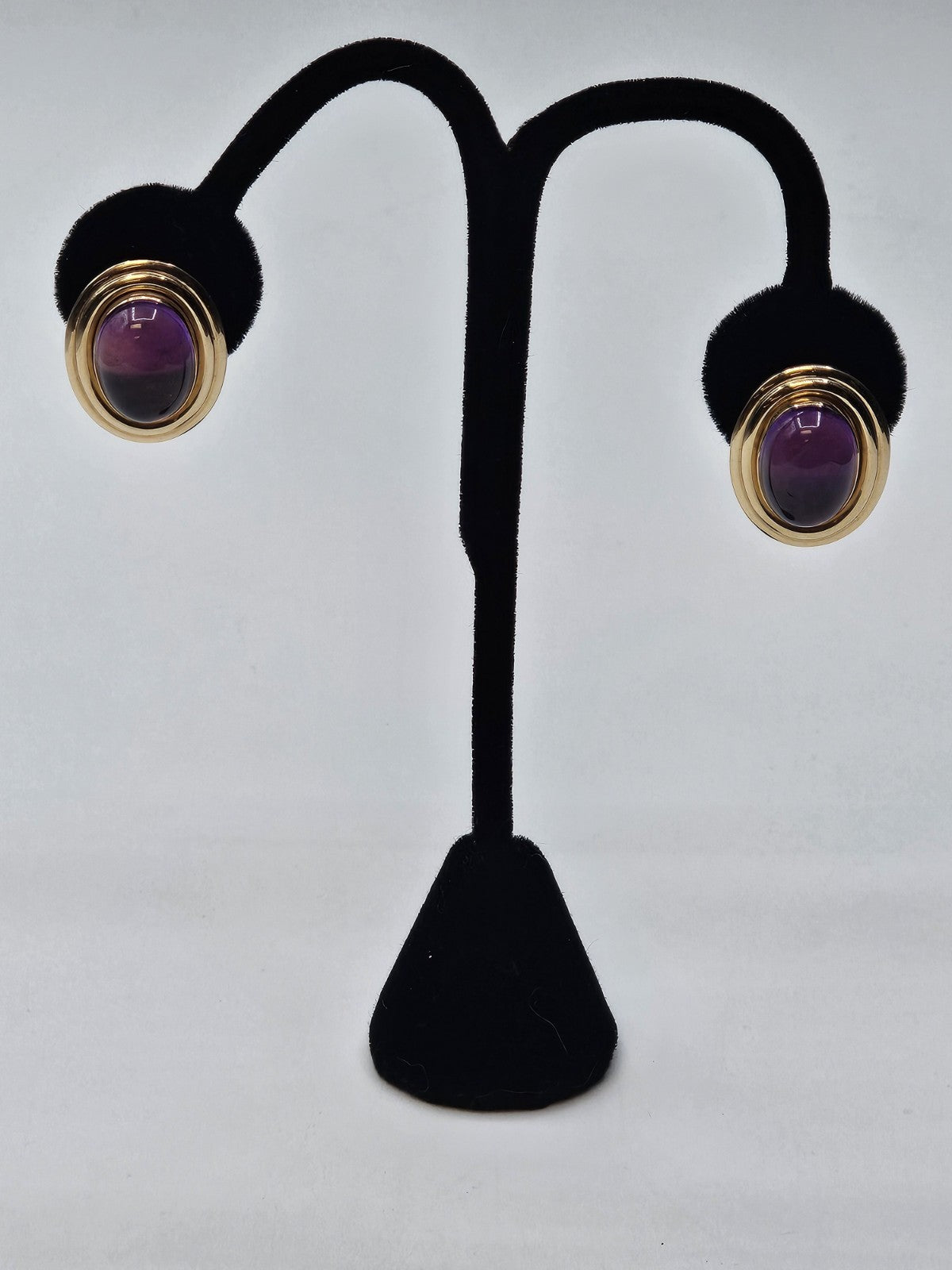Vtg 14K Yellow Gold Oval Amethyst Cabochon Earrings 7 Grams 1 In Long