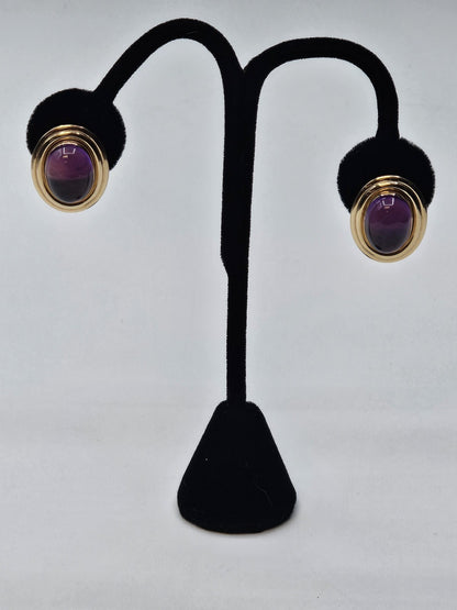 Vtg 14K Yellow Gold Oval Amethyst Cabochon Earrings 7 Grams 1 In Long