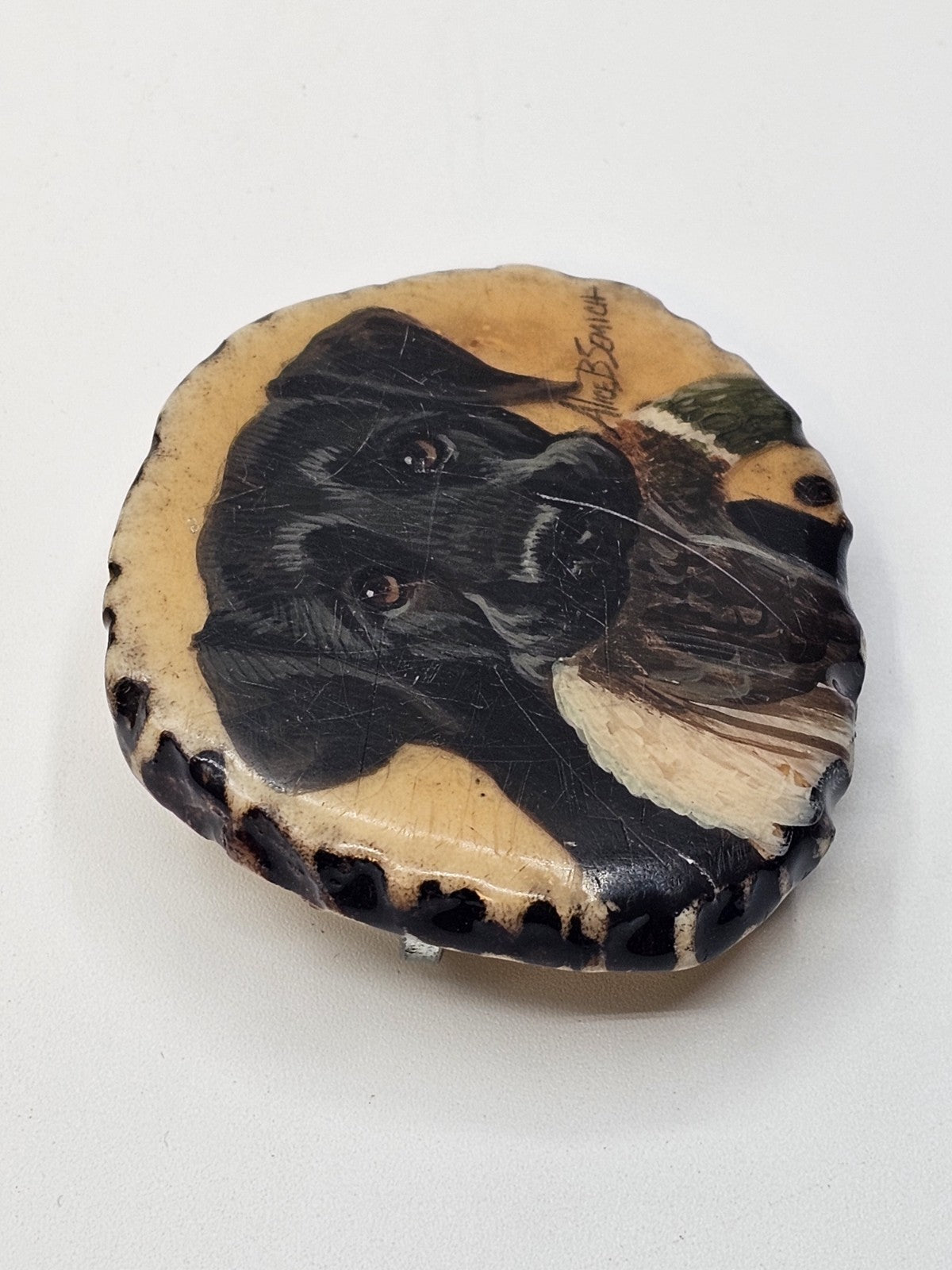 Vtg Alice Semich Elk Antler Belt Buckle W  Hand Painted Black Lab Holding A Duck