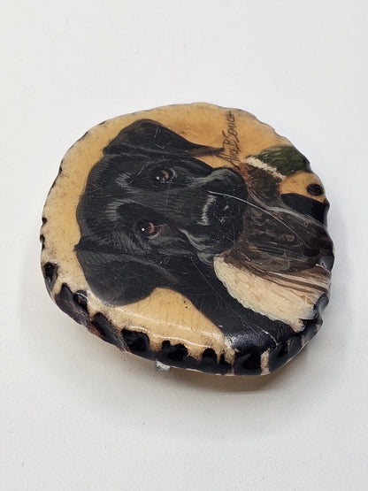 Vtg Alice Semich Elk Antler Belt Buckle W  Hand Painted Black Lab Holding A Duck