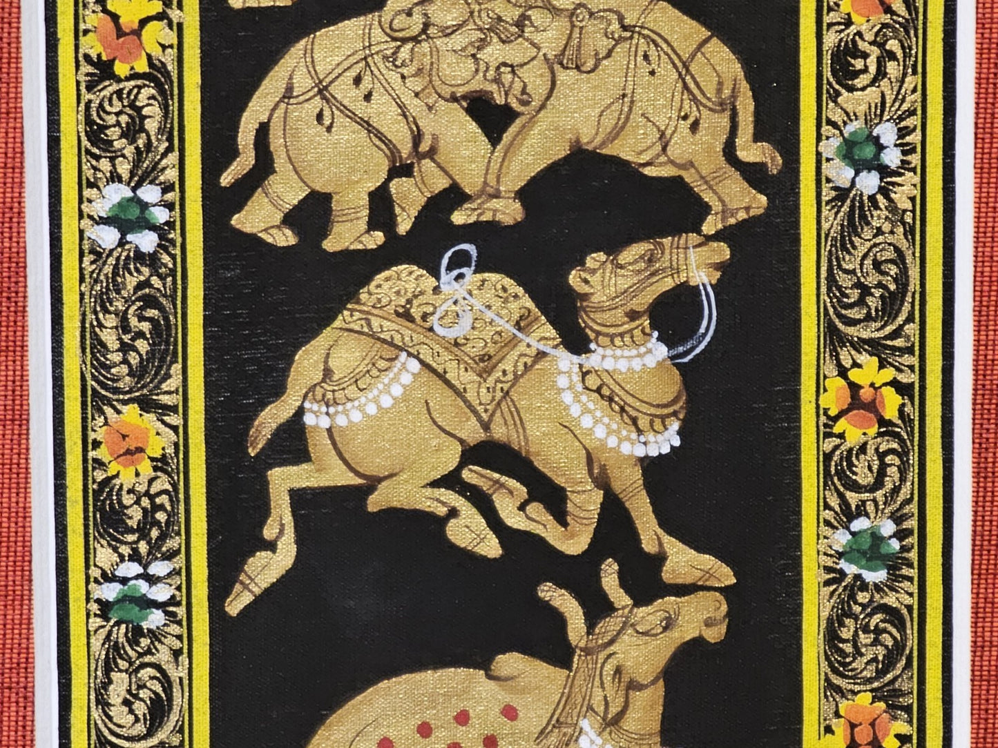 Rajasthani Style Indian Persian Framed Animal Procession Hand Painted On Silk