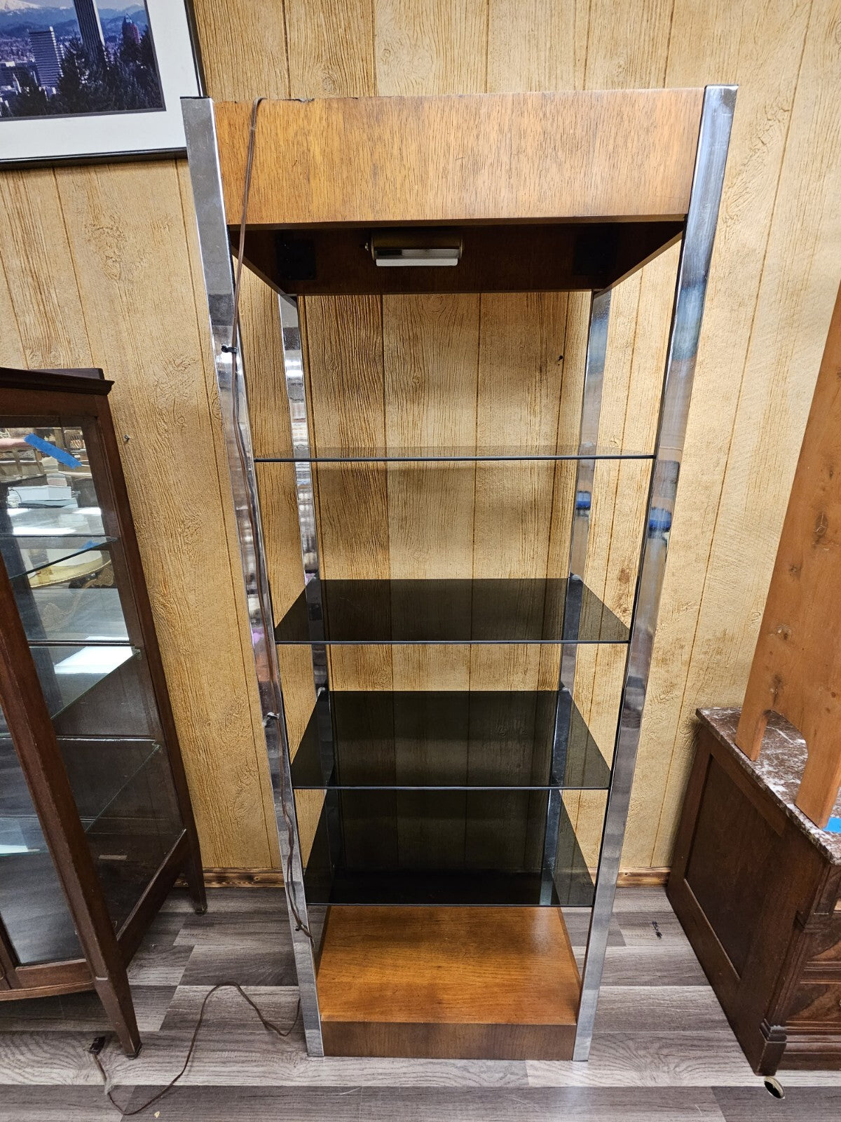 Vtg MCM Chrome & Walnut Post Modern Bookshelf Etagere W Smoky Glass Shelves