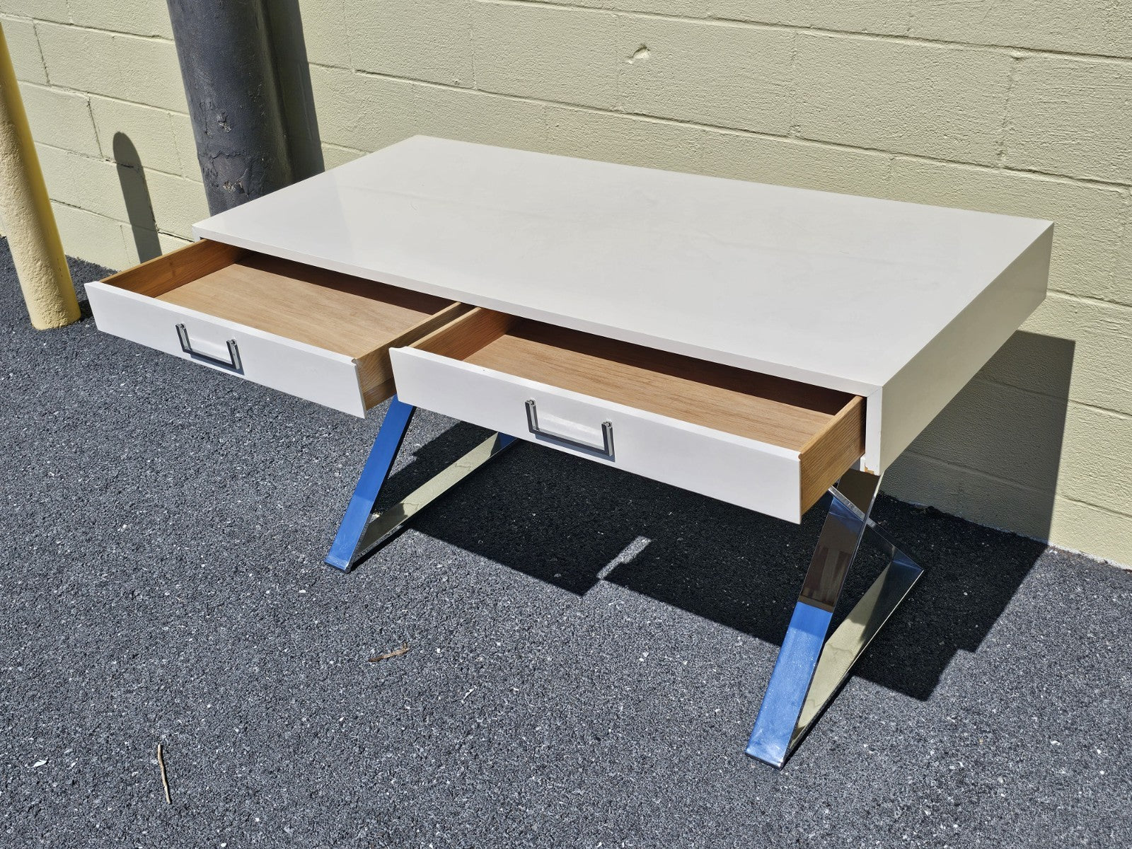 MCM Milo Baughman? Style Campaign Writing Desk White Lacquer & X Chrome Base