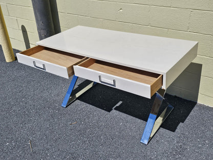 MCM Milo Baughman? Style Campaign Writing Desk White Lacquer & X Chrome Base