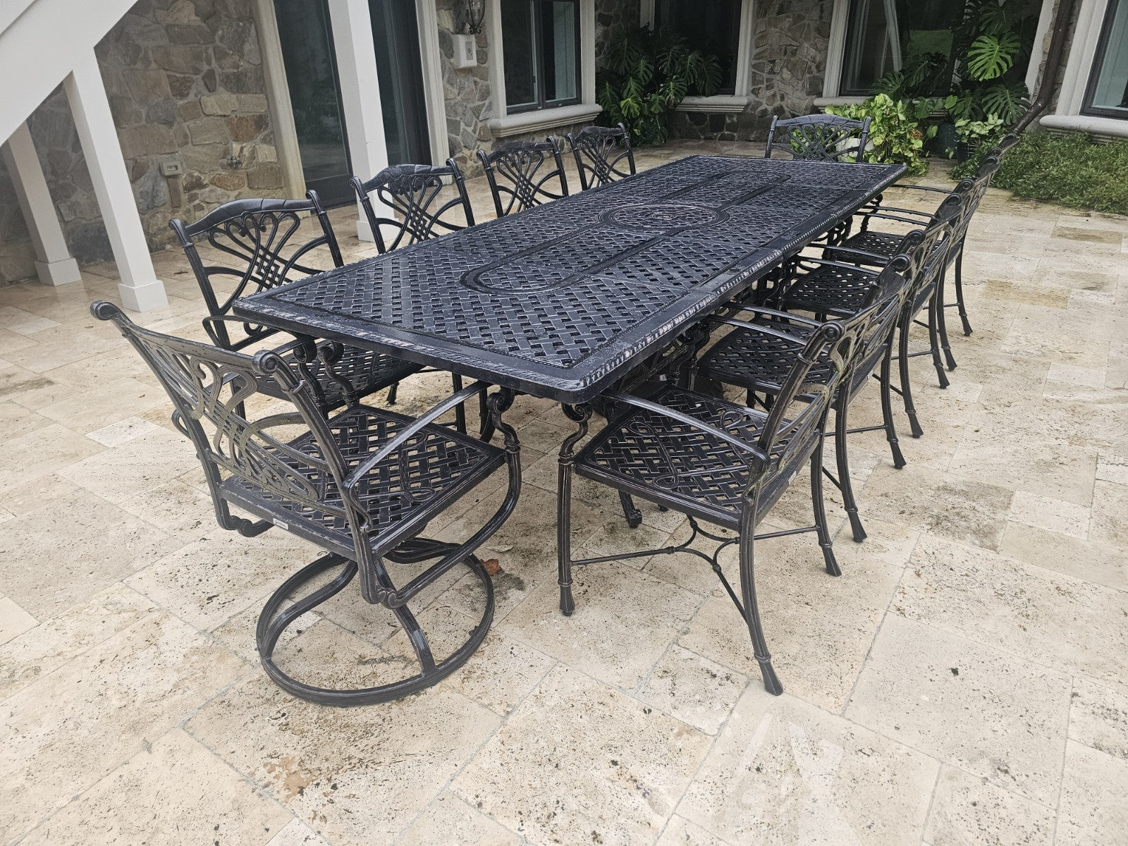 Gensun Grand Terrace Outdoor Cast Aluminum Dining Set Table & 10 Chairs