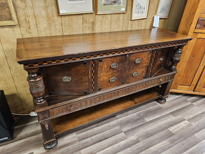 Antique Oak Sideboard Cabinet W Carved Columns & Checkered Inlay 3 Drawers