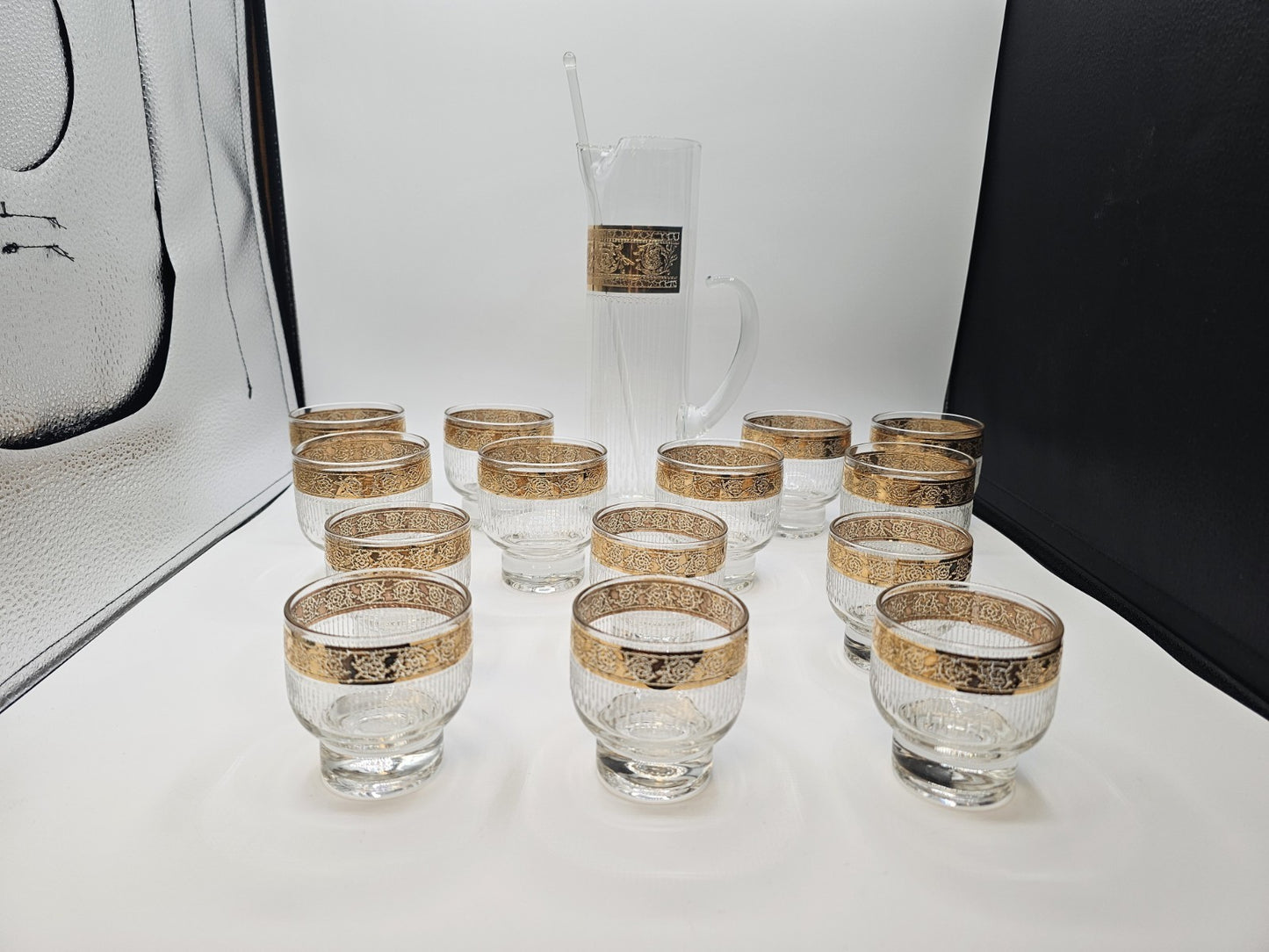 Vtg MCM Culver Gold Rim Tyrol Hollywood Regency Cocktail Pitcher & Glasses