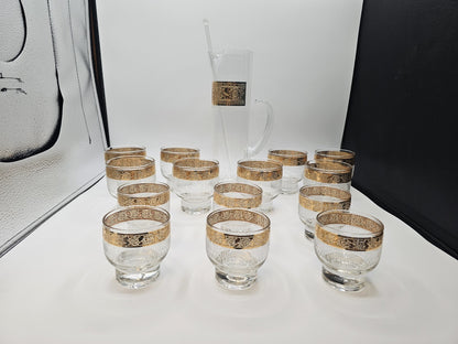 Vtg MCM Culver Gold Rim Tyrol Hollywood Regency Cocktail Pitcher & Glasses