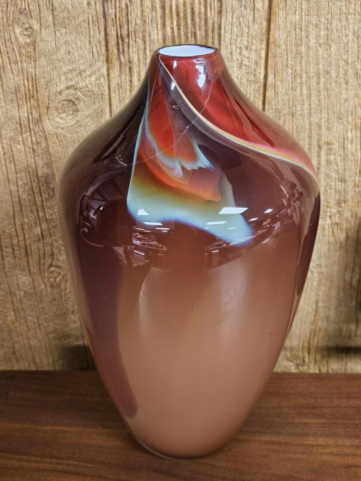 Michael Mortara Hand Blown Volcano Glass Vase 13.5" Tall Damaged On Top