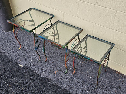 Mid Century Iron Metal Outdoor Nesting Tables w Colorful Leaf Design