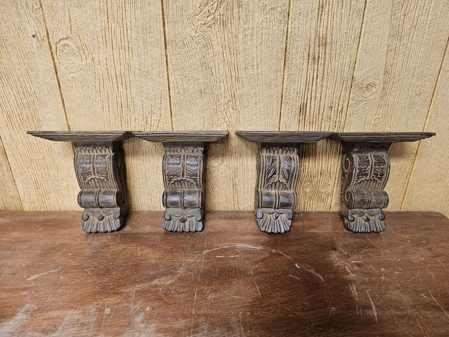 Acanthus Scroll Wood Wall Bracket Shelves Hand Carved 9 Inches Tall Set Of 4