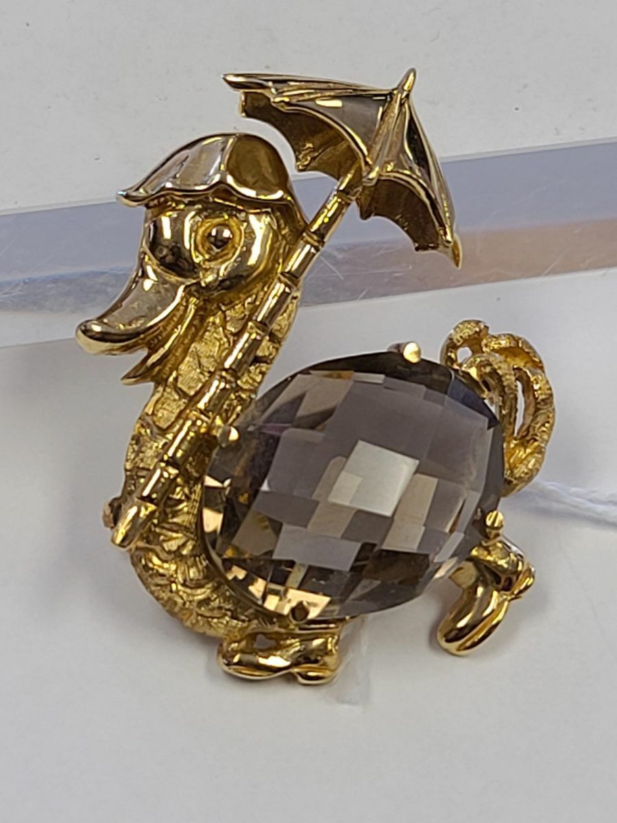 14kt Yellow Gold FJG Duck Pin Brooch with Large Smoky Quartz Stone