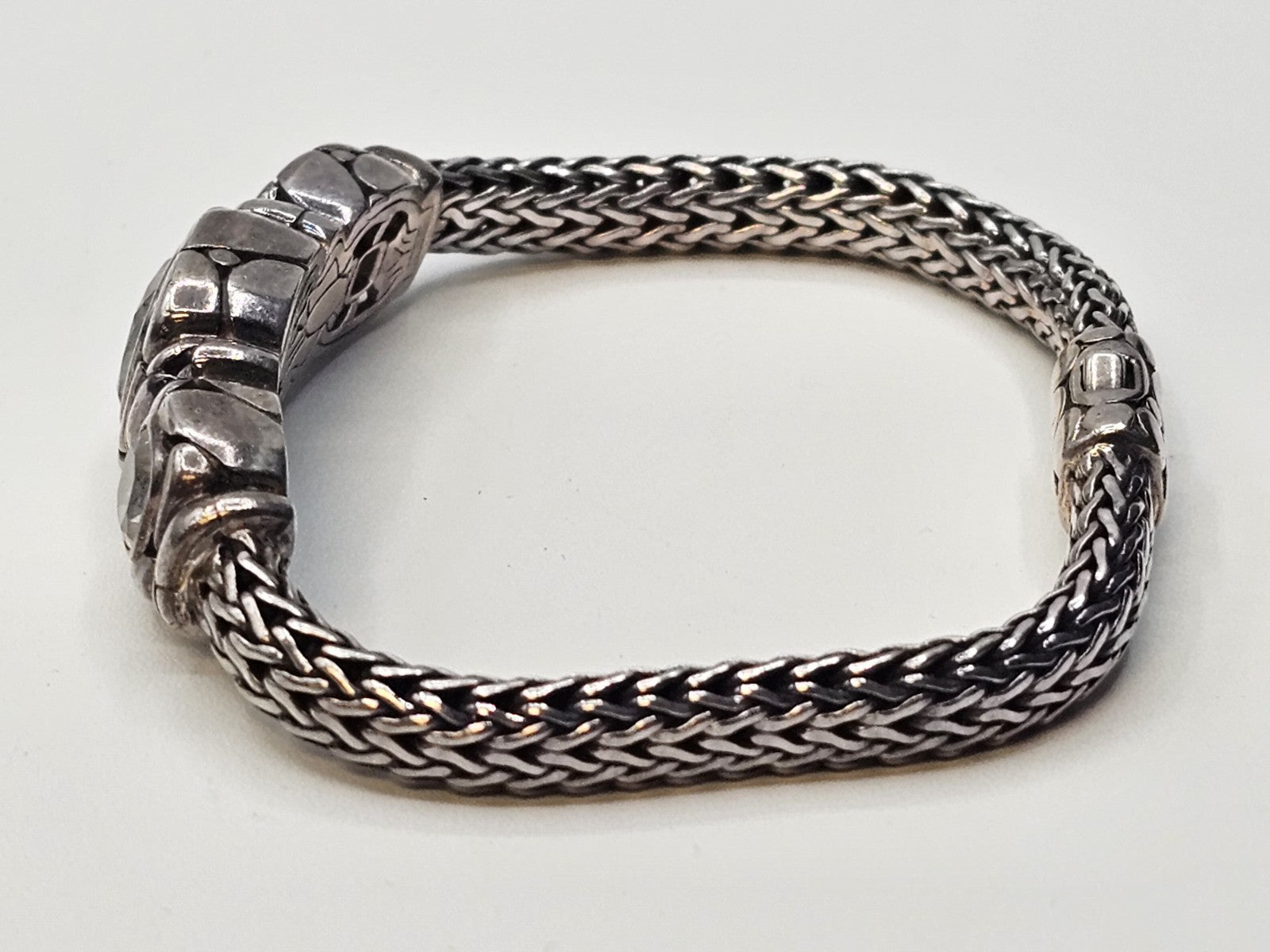 John Hardy 925 Sterling White Topaz Woven Bracelet 33 Grams 7.5 Inch 3 Stones