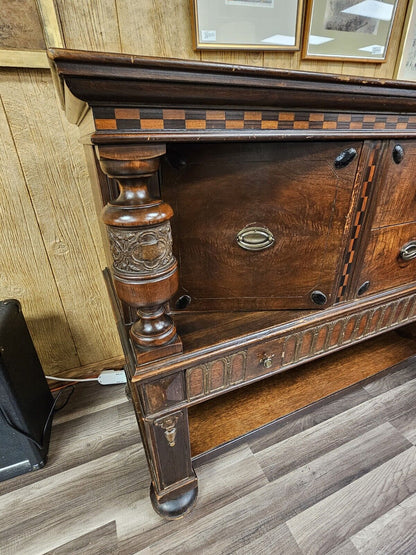 Antique Oak Sideboard Cabinet W Carved Columns & Checkered Inlay 3 Drawers