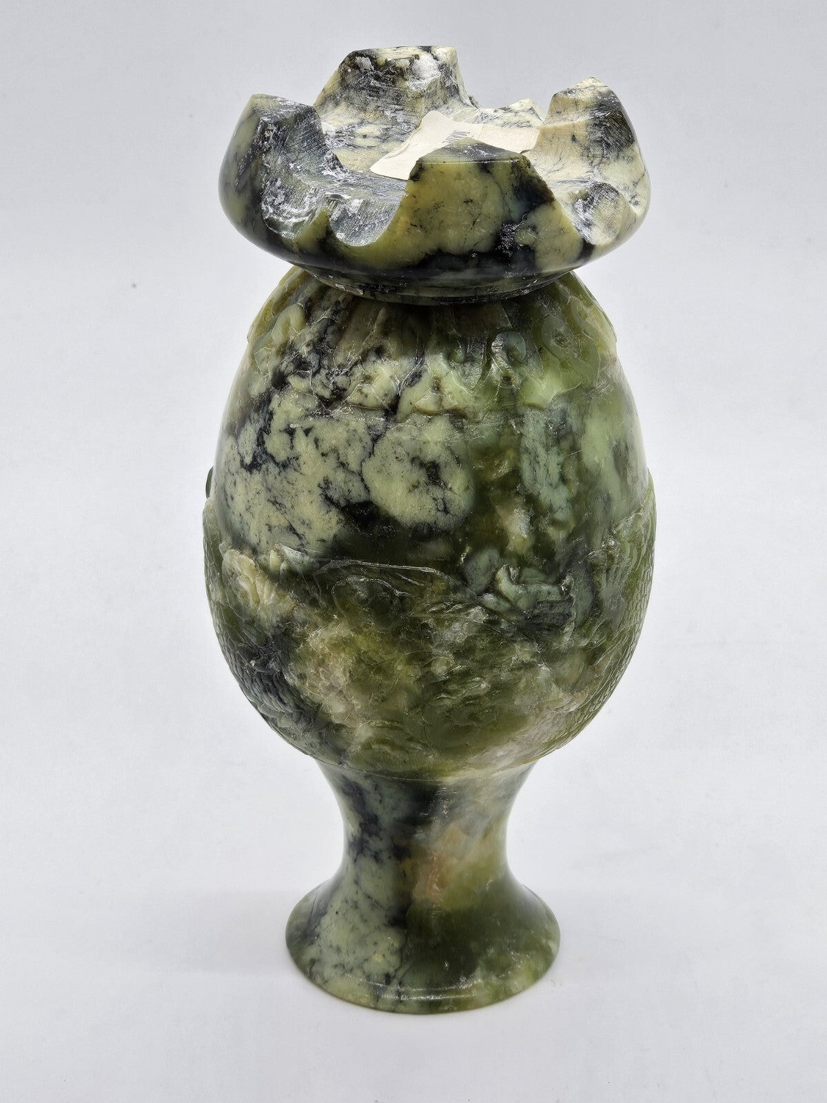 Vtg Chinese Green Jade Like Soapstone Vase With Dragon & Original Tag 6" Tall