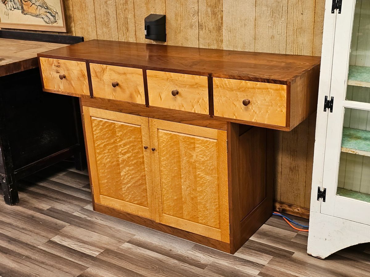 Modern Walnut & Birds Eye Maple Cabinet Sideboard Console Table