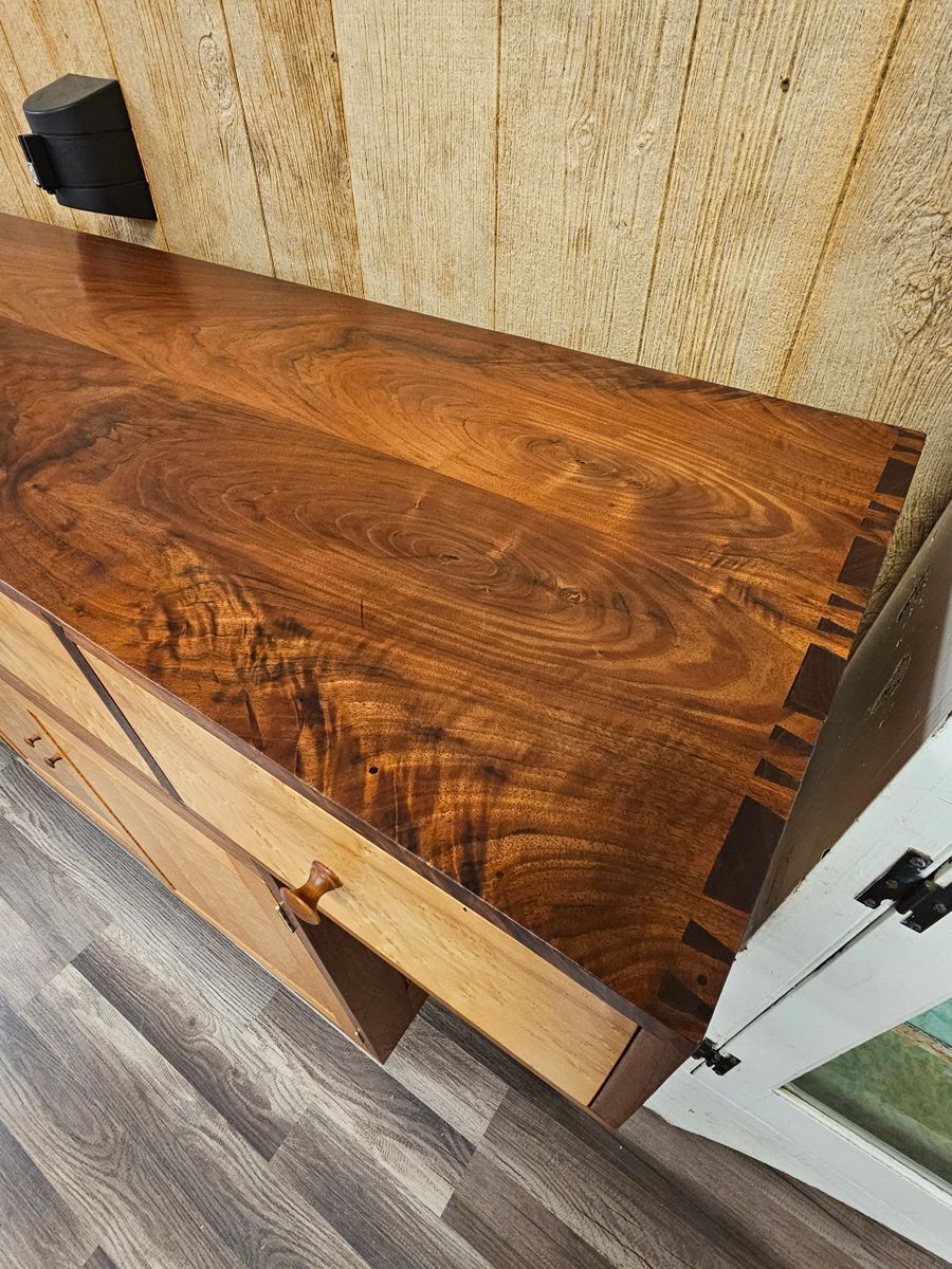 Modern Walnut & Birds Eye Maple Cabinet Sideboard Console Table