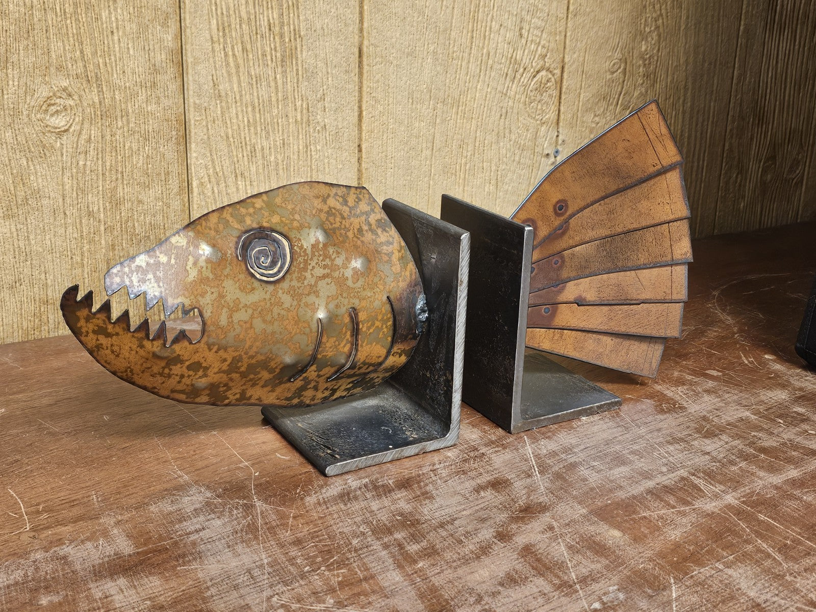 Vtg Handmade Fish Bookends Metal & Steel 16 Inches 7 Pounds