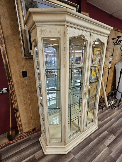 High Quality Distressed Lighted Display Cabinet W Beveled Panel Glass 2 Doors