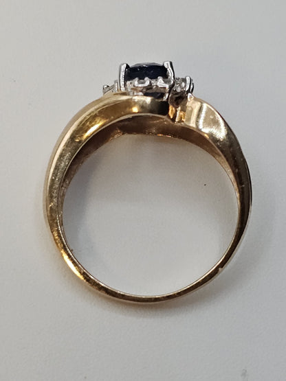 14k Yellow Gold Sapphire & Diamonds Statement Cocktail Size 6.25 Ring 3.9 Grams