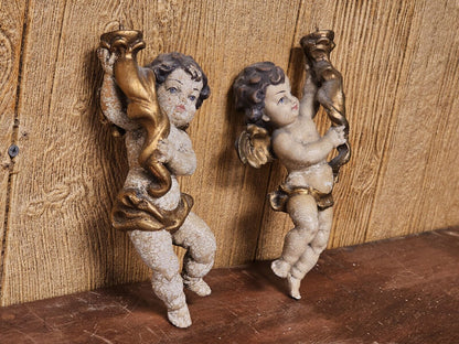 Pair Of Antique 19th Century Italian Cherub Sconces Hand Carved Painted 9in Tall