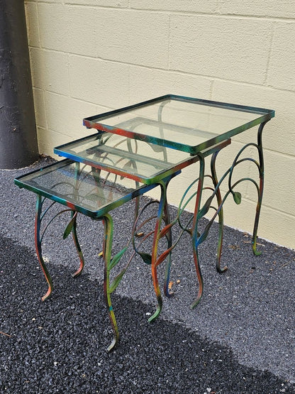 Mid Century Iron Metal Outdoor Nesting Tables w Colorful Leaf Design