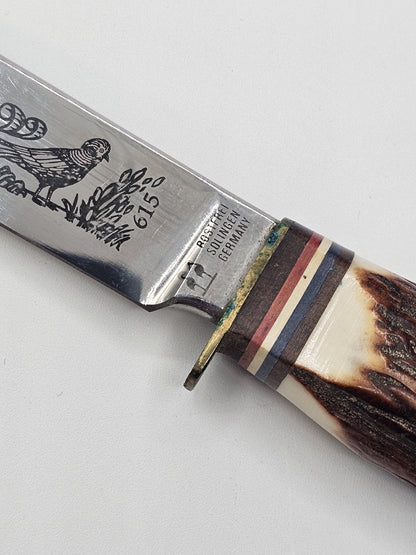 Rostfrei Solingen Germany Stag Horn Hunting Knife Engraved Blade Advertising 8" 