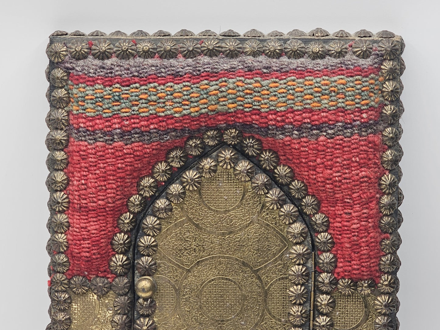 Vtg Indian Handmade Hand Stitched Jharokha Brass Wood Fabric Wall Mirror 