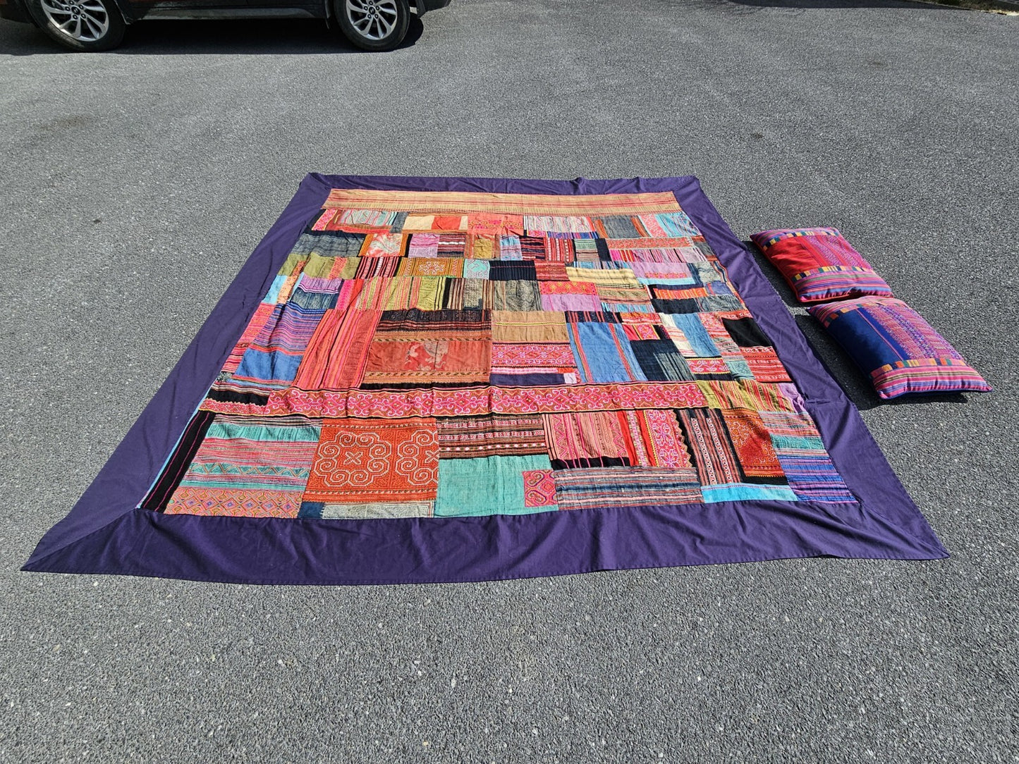 Vtg Tribal Indian Patchwork Quilt & Pillow Set Hand Stitched 99in X 96in 