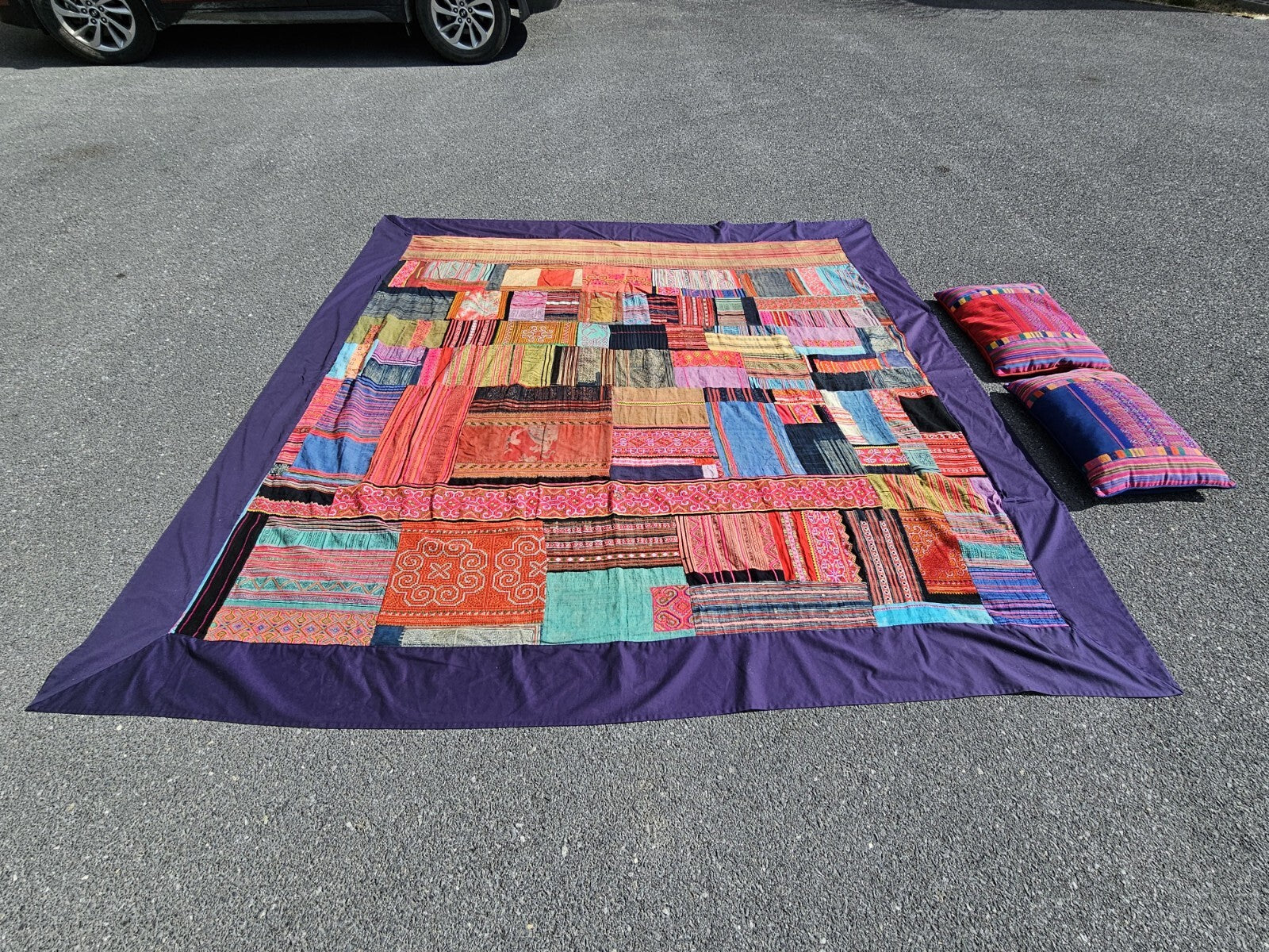 Vtg Tribal Indian Patchwork Quilt & Pillow Set Hand Stitched 99in X 96in 