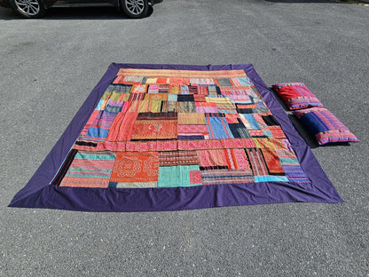 Vtg Tribal Indian Patchwork Quilt & Pillow Set Hand Stitched 99in X 96in 