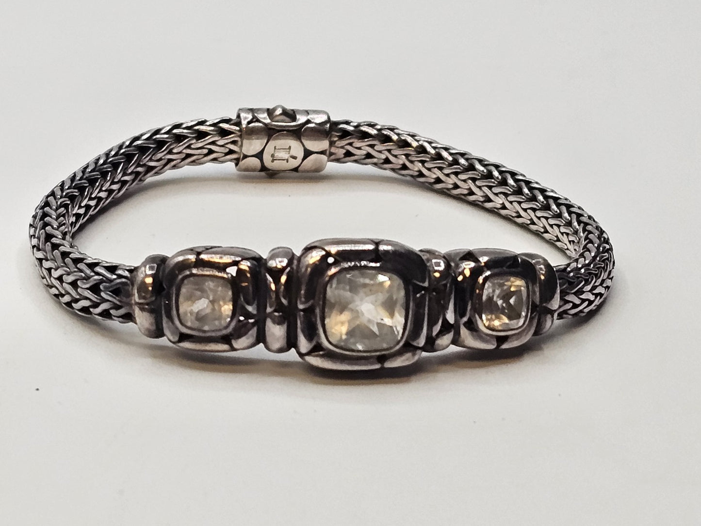 John Hardy 925 Sterling White Topaz Woven Bracelet 33 Grams 7.5 Inch 3 Stones