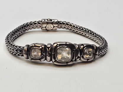 John Hardy 925 Sterling White Topaz Woven Bracelet 33 Grams 7.5 Inch 3 Stones
