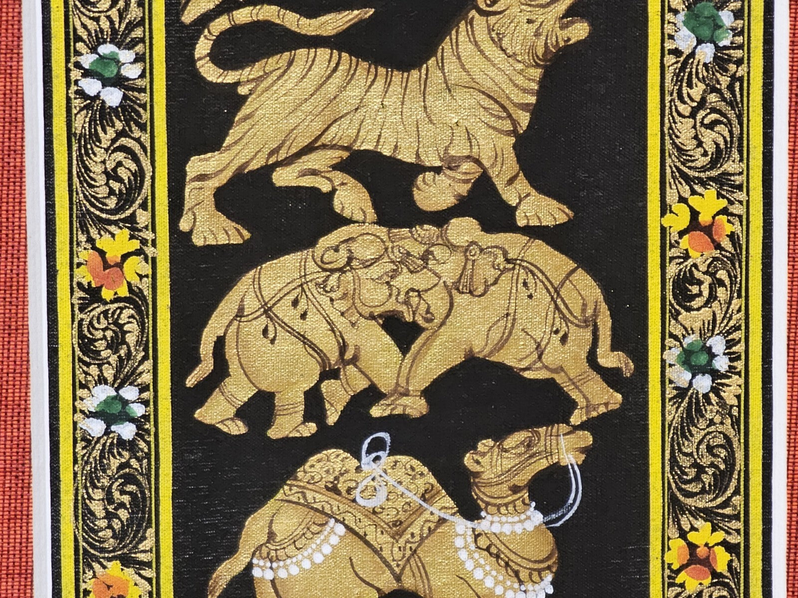 Rajasthani Style Indian Persian Framed Animal Procession Hand Painted On Silk