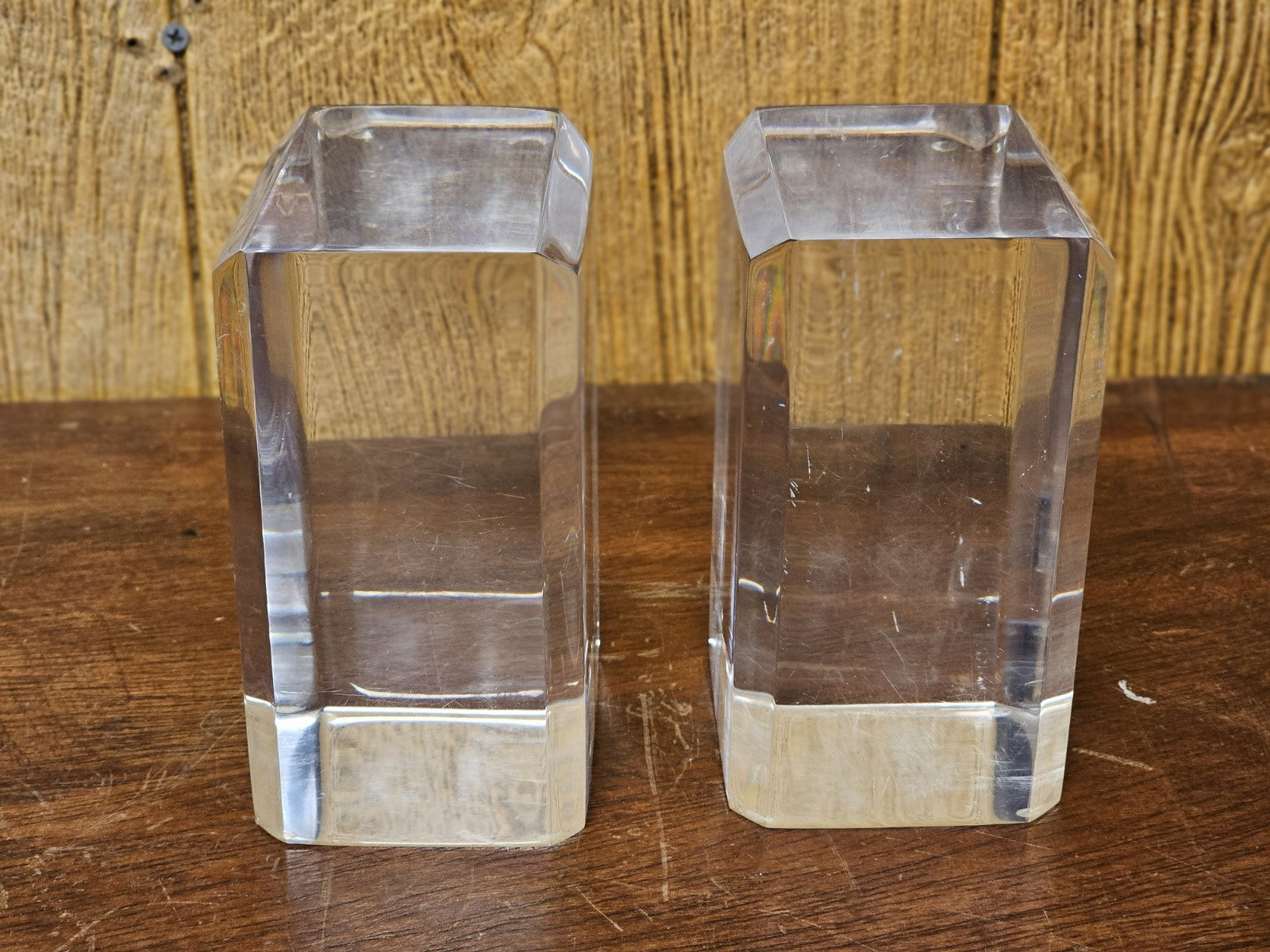 MCM Lucite Acrylic Display Base Pair Block Plateaus 6 In Tall W Beveled Sides