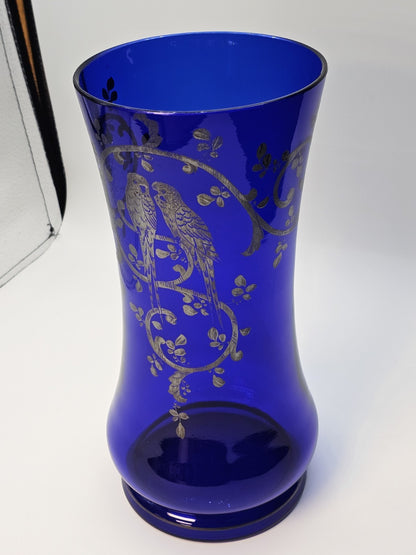 Vtg Czech Cobalt Blue Art Glass Vase With Silver Overlay Parrots Birds 11 " Tall